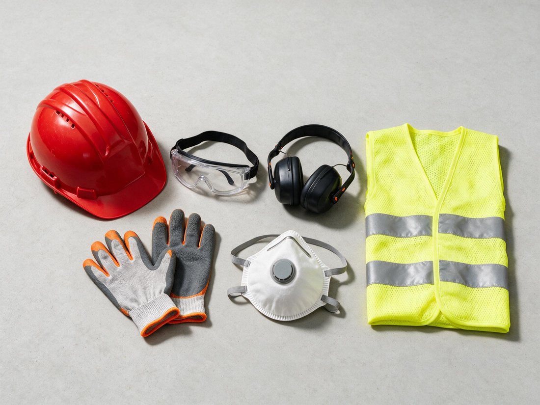 Elementos de protección personal: casco, lentes de seguridad, guantes, protección auditiva, mascarilla y chaleco reflectante