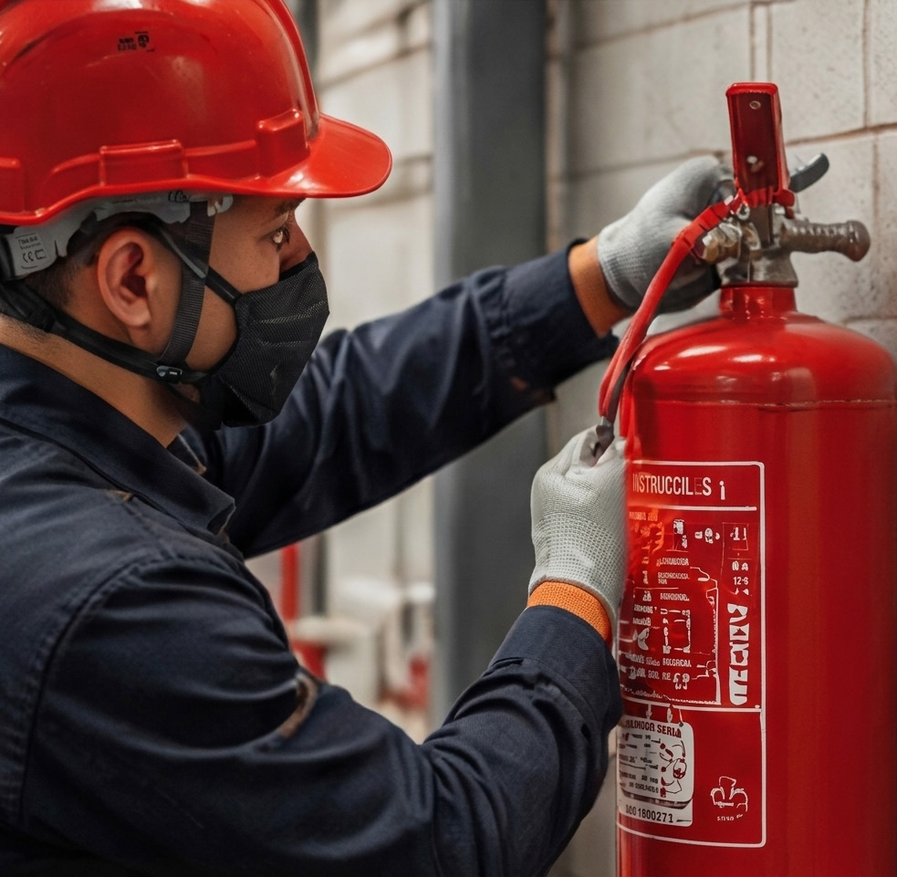 Técnico de Risk Control inspeccionando un extintor